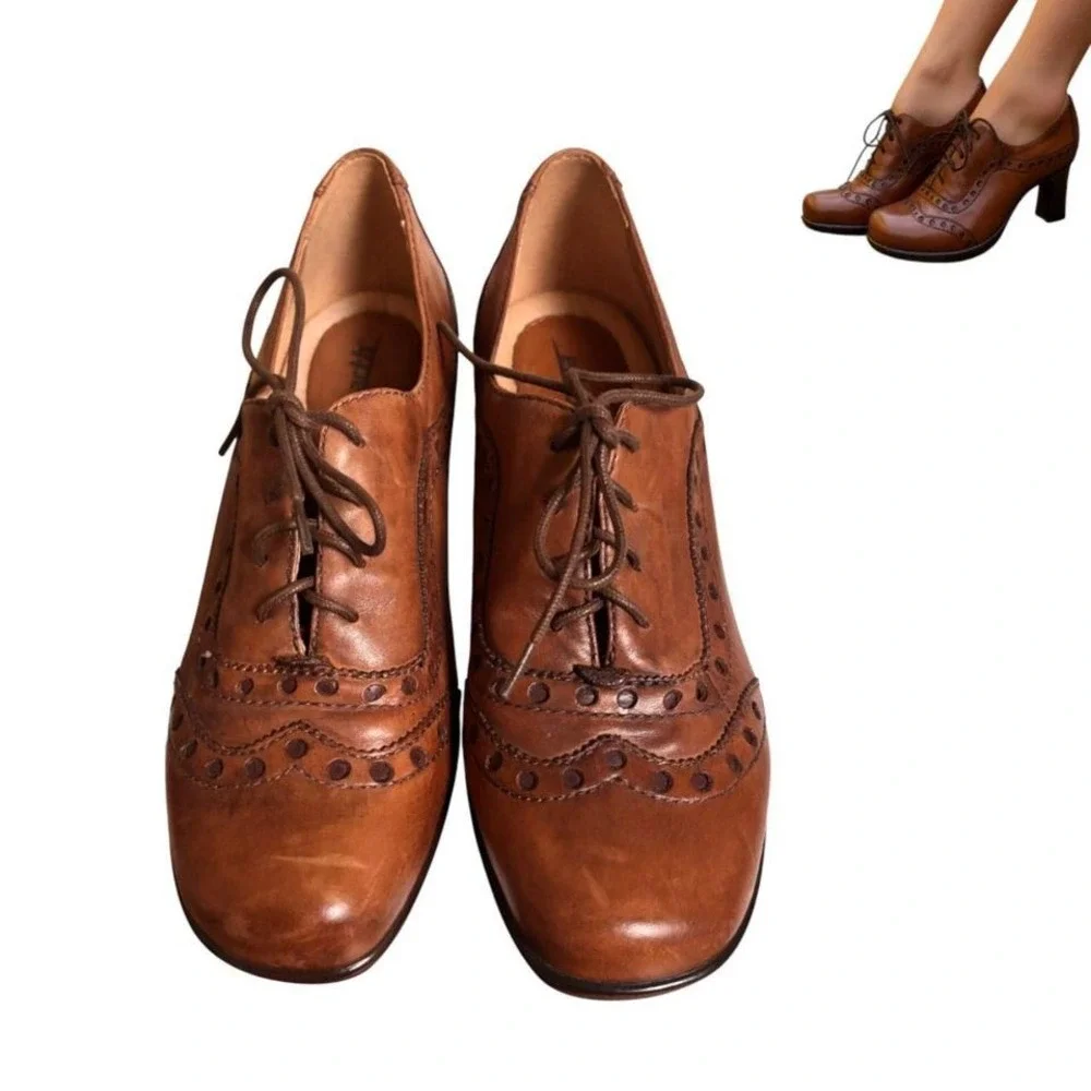 Y2K‎ VINTAGE BROWN LEATHER HEELED LACE UP OXFORDS EARTH SZ. 8 NEW